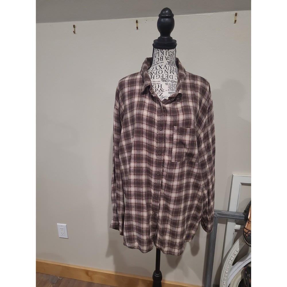 Cotton On Brown Plaid Flannel relaxed fit Button front shirt Women SZ L gorpcore
